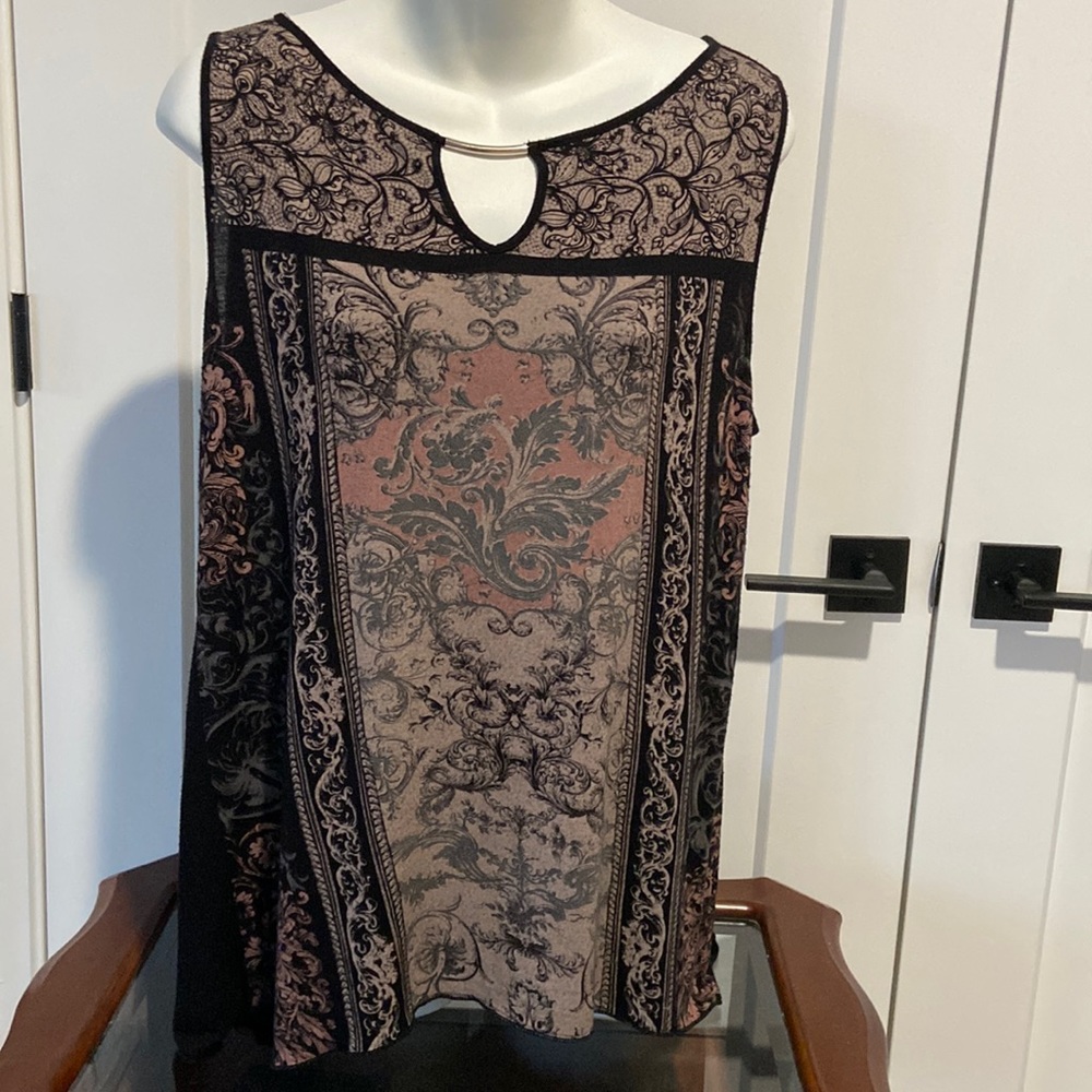 Skinny Minnie Womens Tank Top Large Keyhole Black Beige Sleeveless Soft Metal